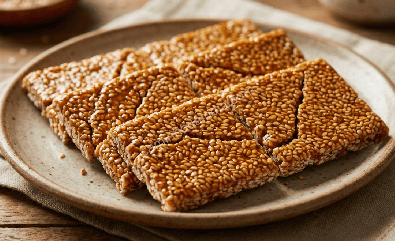 til-chikki-gergelim-rapadura Til chikki feito com gergelim e rapadura, exibido em pedaços crocantes