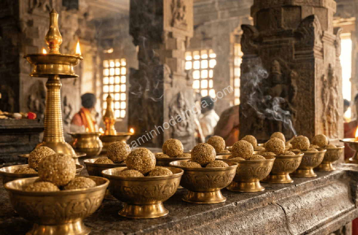 tilgul-arrumado-no-templo-como-prasad Tilgul cuidadosamente arrumado no templo para ser oferecido como prasad aos devotos 📝 Captio