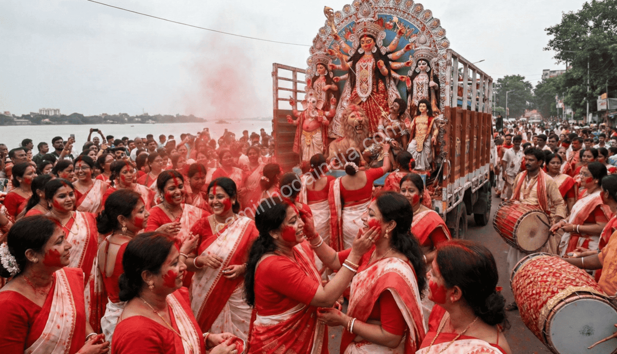 visarjan-de-durga-e-mulheres-no-sindoor-khela Visarjan de Durga com mulheres celebrando o Sindoor Khela