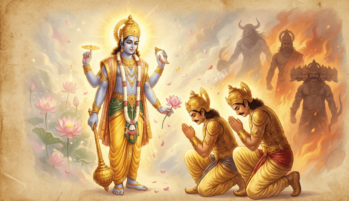 vishnu-oferecendo-opcoes-a-jaya-e-vijaya Vishnu oferecendo opções a Jaya e Vijaya após receberem a maldição dos Kumaras