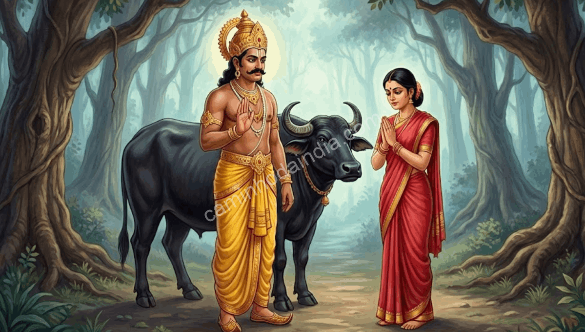 yama-abencoa-savitri-inteligencia-determinacao-dharma Yama abençoando Savitri em reconhecimento à sua inteligência, determinação e dharma