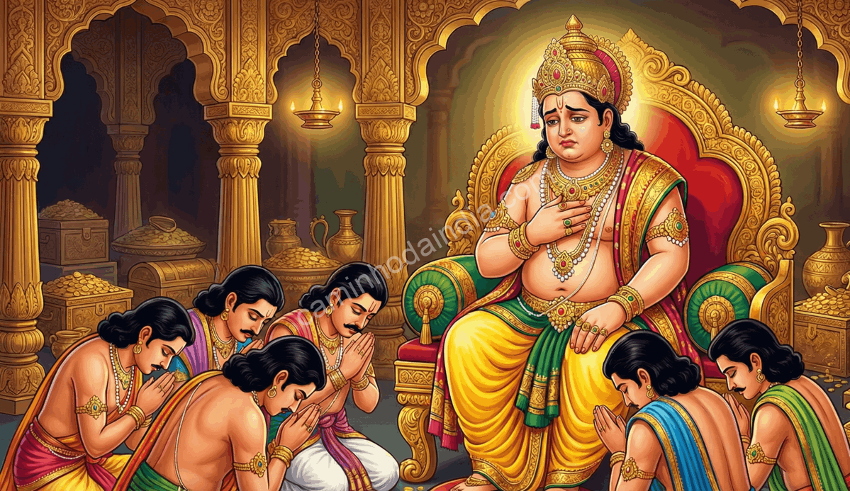 Assistentes informando Kubera de que toda a comida da cozinha real se esgotou