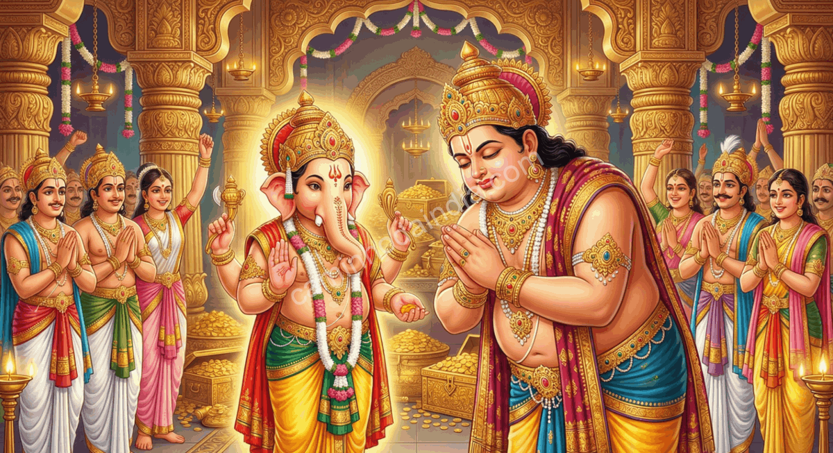 Ganapati abençoando Kubera após ter sua fome plenamente satisfeita