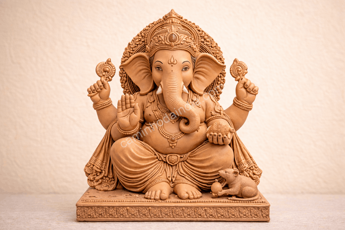 Ídolo de Ganesha feito de argila, preferido por seu menor impacto ambiental em comparação ao POP