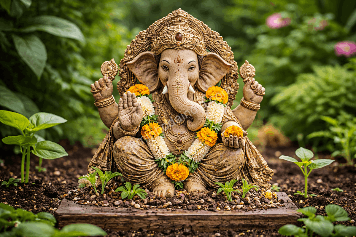 ganesh-idolo-com-sementes-ecologico Ídolo de Ganesha ecológico contendo sementes, desenvolvido para uso ambiental após o ritual