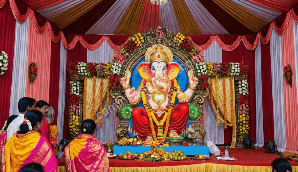 ganesh-idolo-mandap-ganesh-chaturthi-imersao Ídolo de Ganesha instalado em um mandap durante o Ganesh Chaturthi, posteriormente conduzido à imersão ritual em rio ou lago ao final do festival