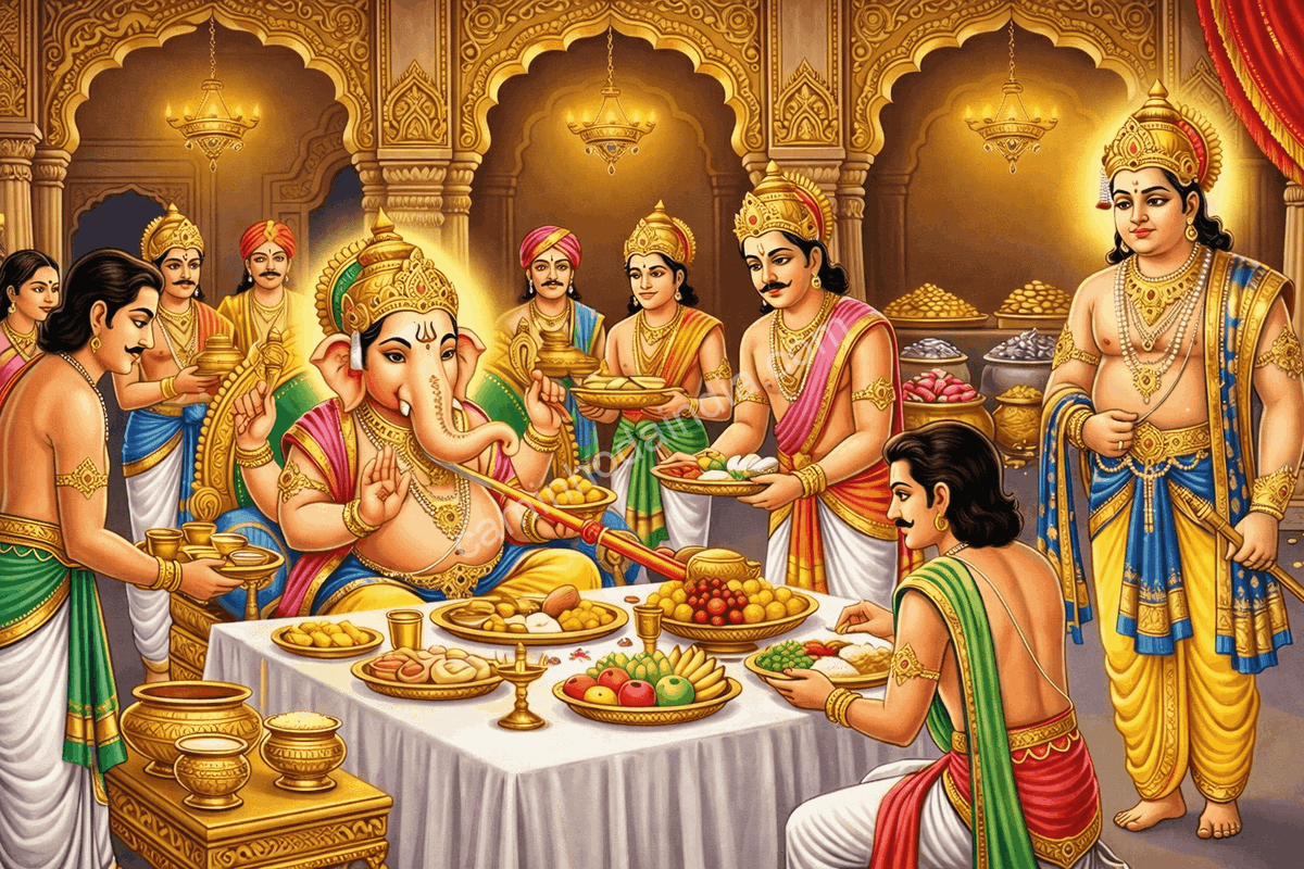 ganesha-comida-palacio-fome-insaciavel Ganesha devorando toda a comida no palácio de Kubera sem que sua fome seja saciada