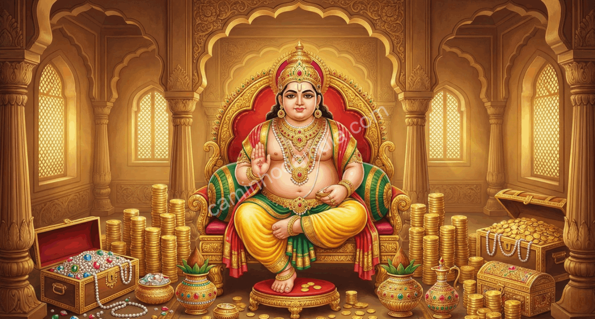  Kubera, guardião das riquezas, em seu palácio repleto de tesouros e abundância