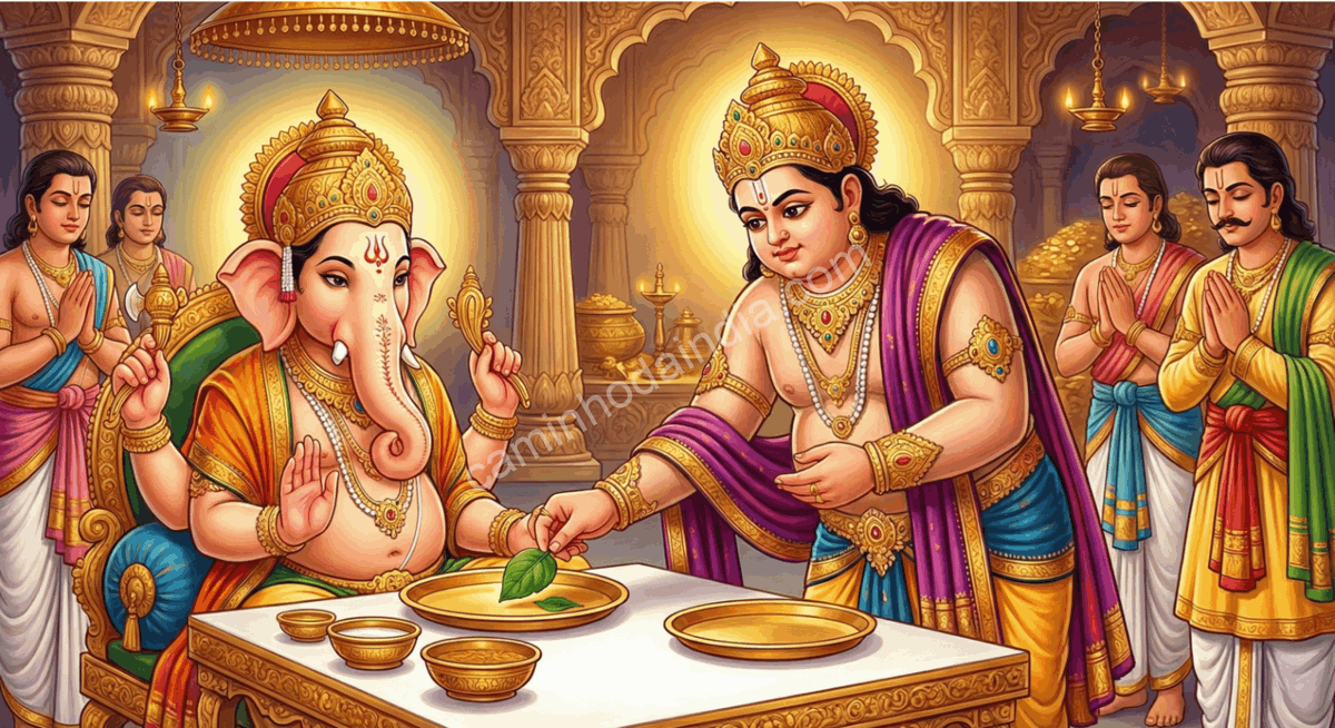 kubera-oferece-folha-tulasi-ganapati Kubera oferecendo riquezas aos seus assistentes para manter o fornecimento de comida