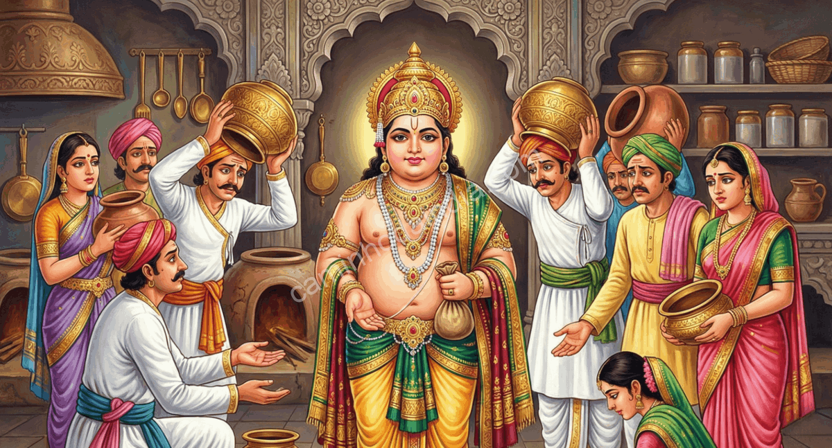 kubera-oferece-riqueza-continuidade-banquete-ganapati Kubera oferecendo riquezas aos seus assistentes para manter o fornecimento de comida