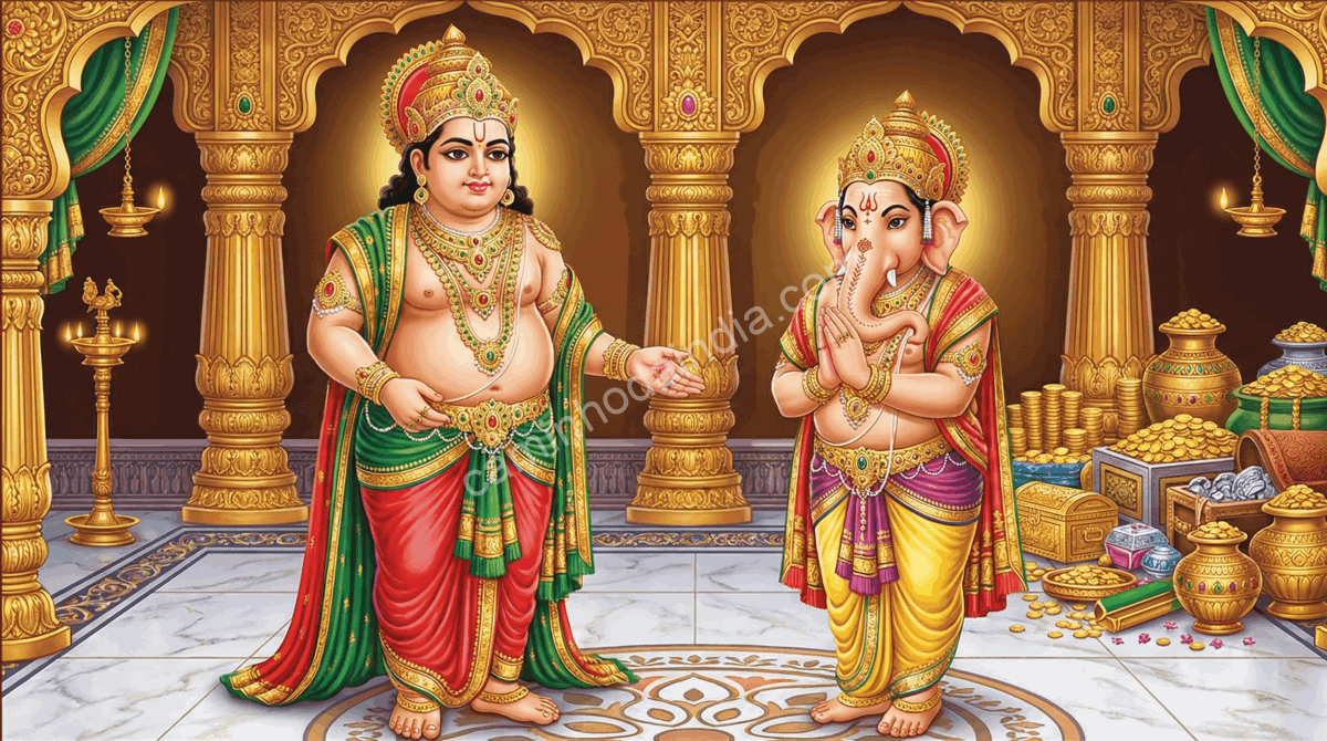 Kubera recebendo Ganesha em seu palácio repleto de riquezas