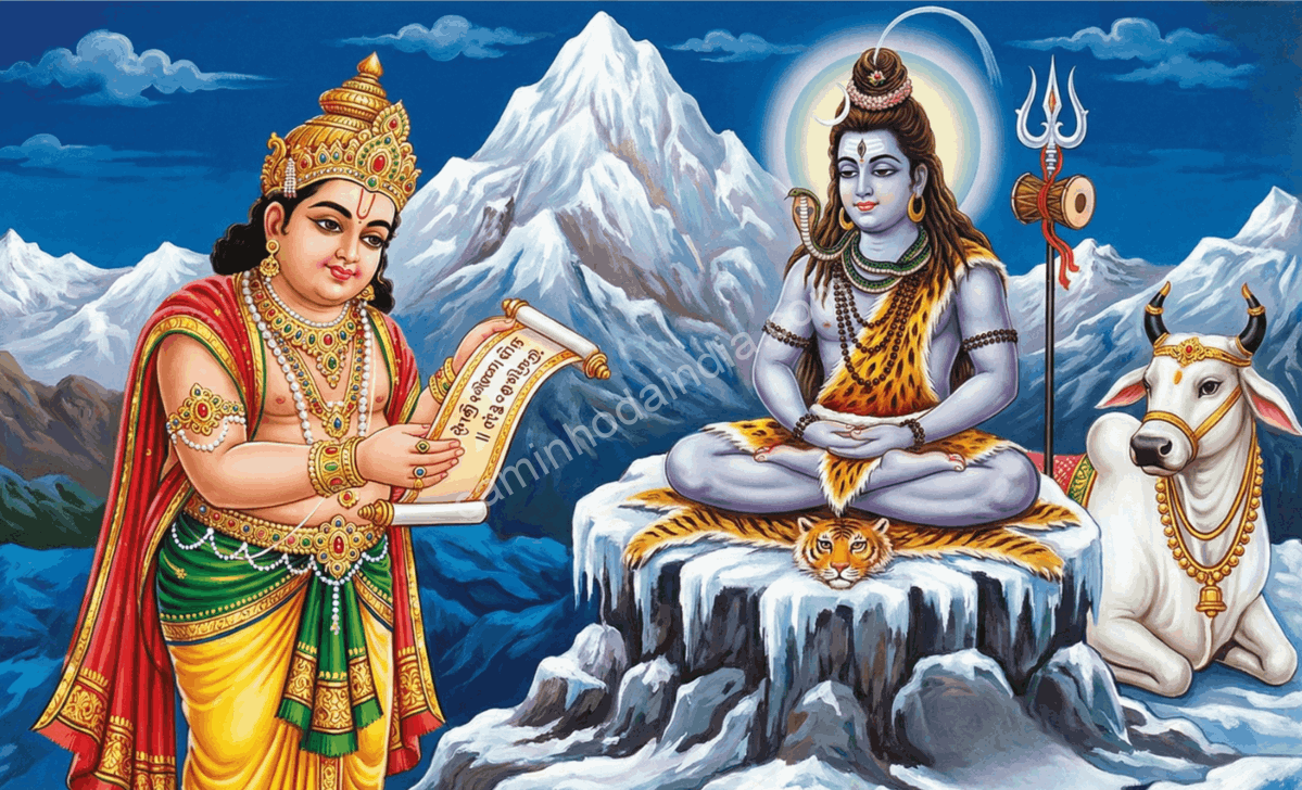 Kubera visitando Kailasa para convidar Shiva para um banquete