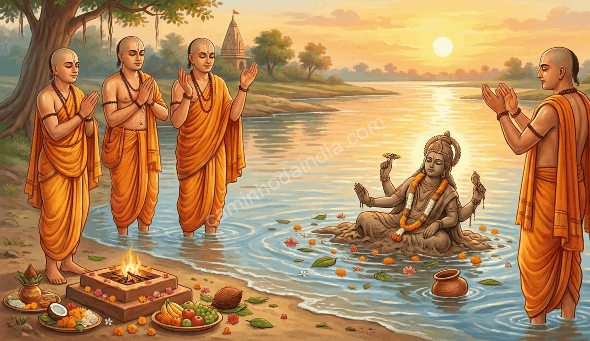 visarjan-antigo-sacerdotes-ilustracao Ilustração de sacerdotes realizando o visarjan de ídolos em tempos antigos, junto a um corpo d’água