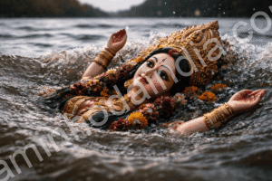 Ídolo da Deusa Durga sendo suavemente imerso na água durante o ritual de Visarjan