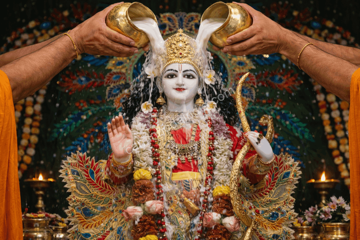 Sacerdotes realizando abhisheka em ídolo de Rama durante o festival de Ram Navami em um templo hindu