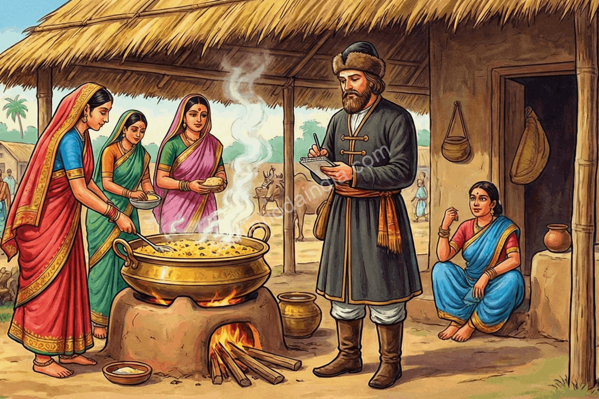 afanasy-nikitin-india-seculo-xv-preparo-arroz-lentilhas Ilustração histórica de Afanasy Nikitin observando preparo de arroz com lentilhas na Índia do século XV
