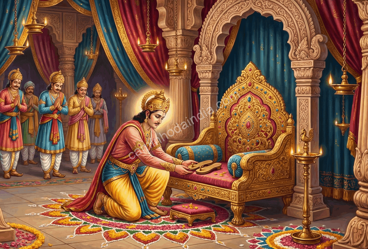 bharata-colocando-padukas-de-rama-no-trono Bharata coloca as padukas de Rama no trono e promete governar apenas como regente até seu retorno