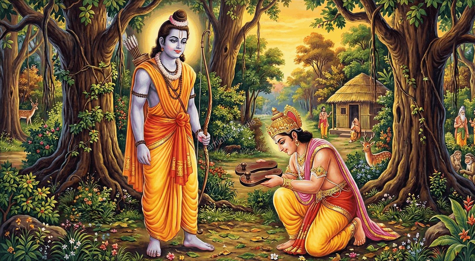 Bharata inclina-se diante de Maryada Purushottama Rama na floresta e recolhe suas sandálias com reverência