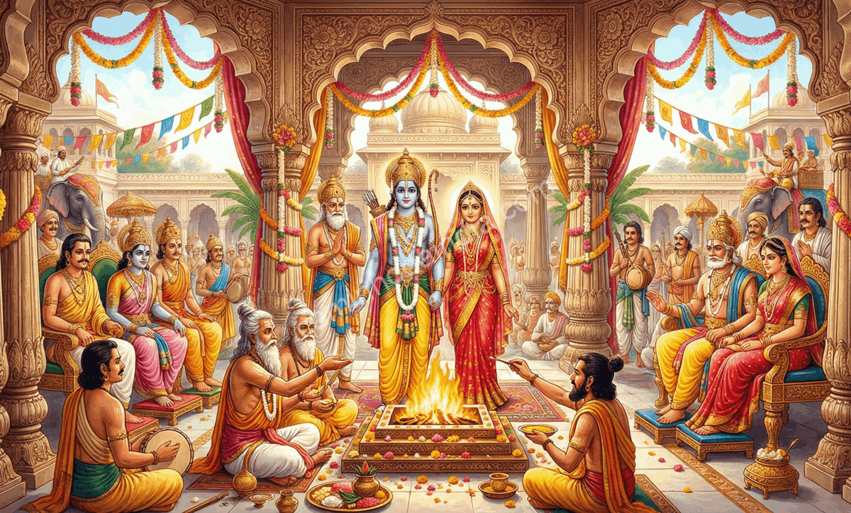 Rama e Sita durante a cerimônia de casamento no palácio real de Mithila