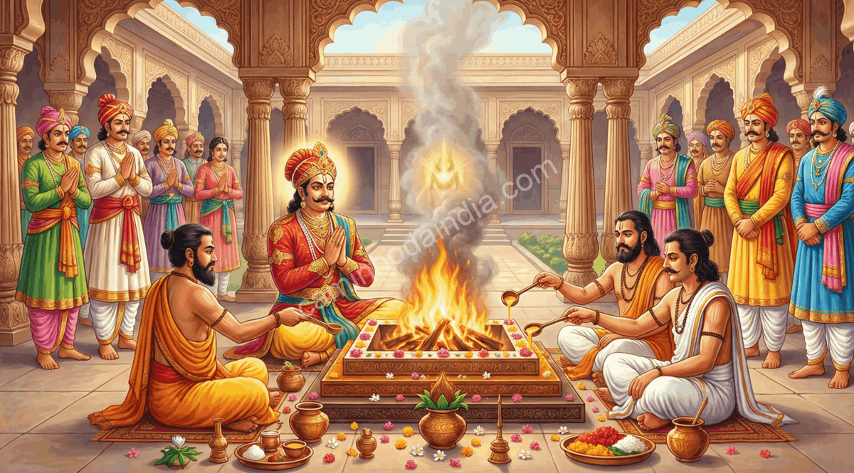 dasharatha-realizando-yajna-para-ter-filhos Rei Dasharatha realizando yajna sagrado para pedir filhos, com sacerdotes conduzindo o ritual védico ao redor do fogo cerimonial