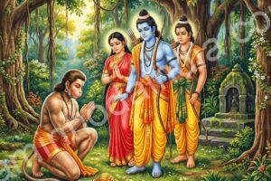 Hanuman inclina-se reverentemente diante de Rama na floresta