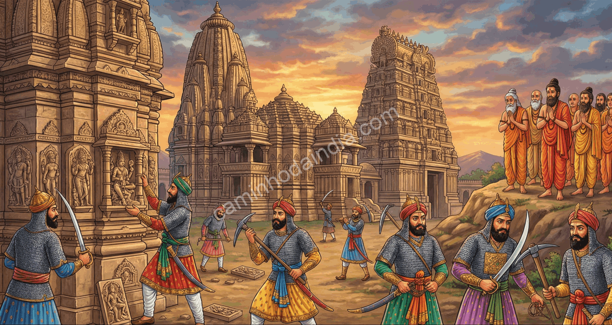ilustracao-destruicao-templos-indianos-periodo-mughal Ilustração histórica que retrata episódios de destruição de templos no subcontinente indiano durante o período Mogol