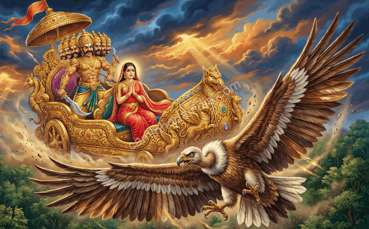 jatayu-tentando-impedir-ravana-de-levar-sita Jatayu tenta impedir Ravana de levar Sita em sua carruagem aérea pelo céu