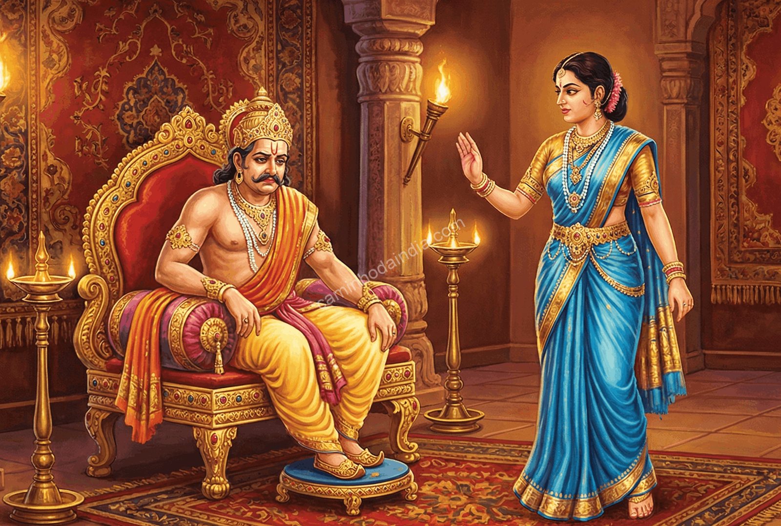 Kaikeyi pede ao rei Dasharatha que cumpra as promessas feitas, solicitando a coroação de Bharata e o exílio de Rama