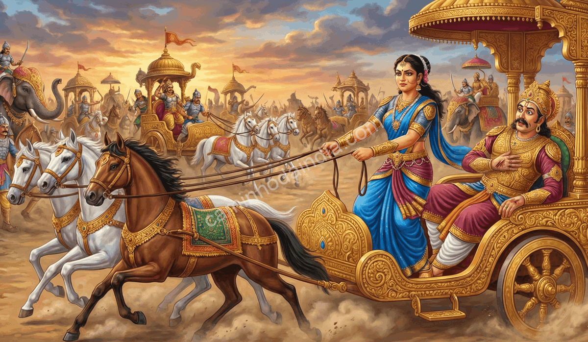 kaikeyi-salvando-dasharatha-campo-batalha Kaikeyi protege o rei Dasharatha no campo de batalha, conduzindo a carruagem e garantindo sua segurança durante o combate