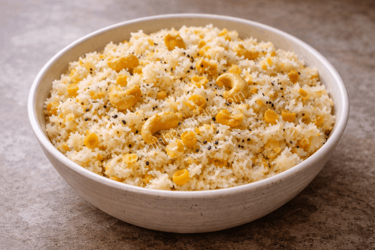 Khichdi preparado com coco ralado servido em tigela tradicional