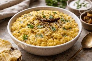 Khichdi servido em tigela tradicional sobre mesa