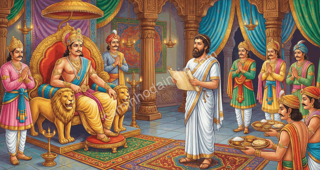 megasthenes-corte-chandragupta-maurya-dieta-arroz-india-antiga Ilustração histórica de Megástenes na corte de Chandragupta Maurya observando alimentos à base de arroz na Índia antiga