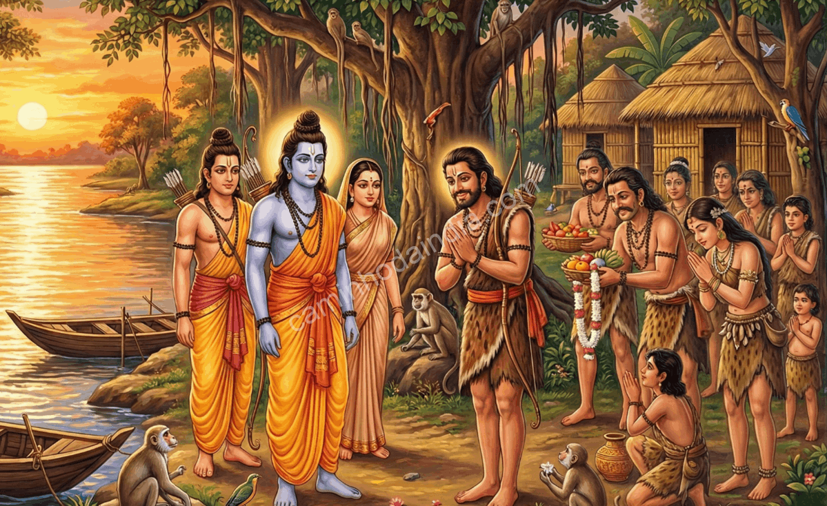 Rama aceita o convite de Guha às margens do rio durante o início do exílio