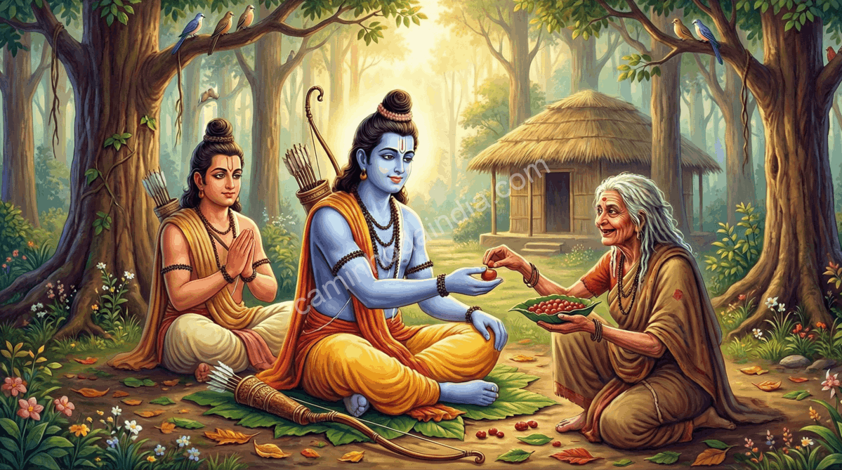 rama-aceitando-frutas-de-shabari-na-floresta Rama aceita com gratidão as frutas oferecidas por Shabari na floresta