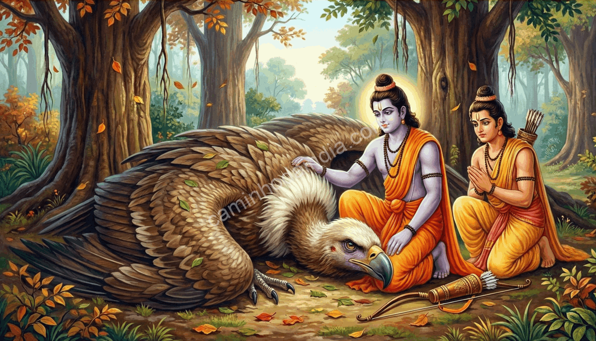rama-confortando-jatayu-em-seus-ultimos-momentos Rama conforta Jatayu em seus últimos momentos na floresta após o confronto com Ravana