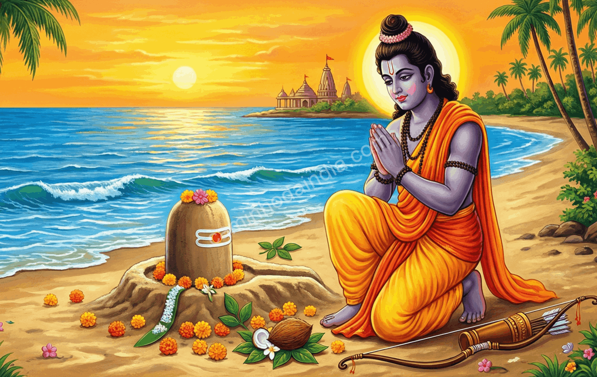 Rama ora a Shiva na praia antes de atravessar para Lanka