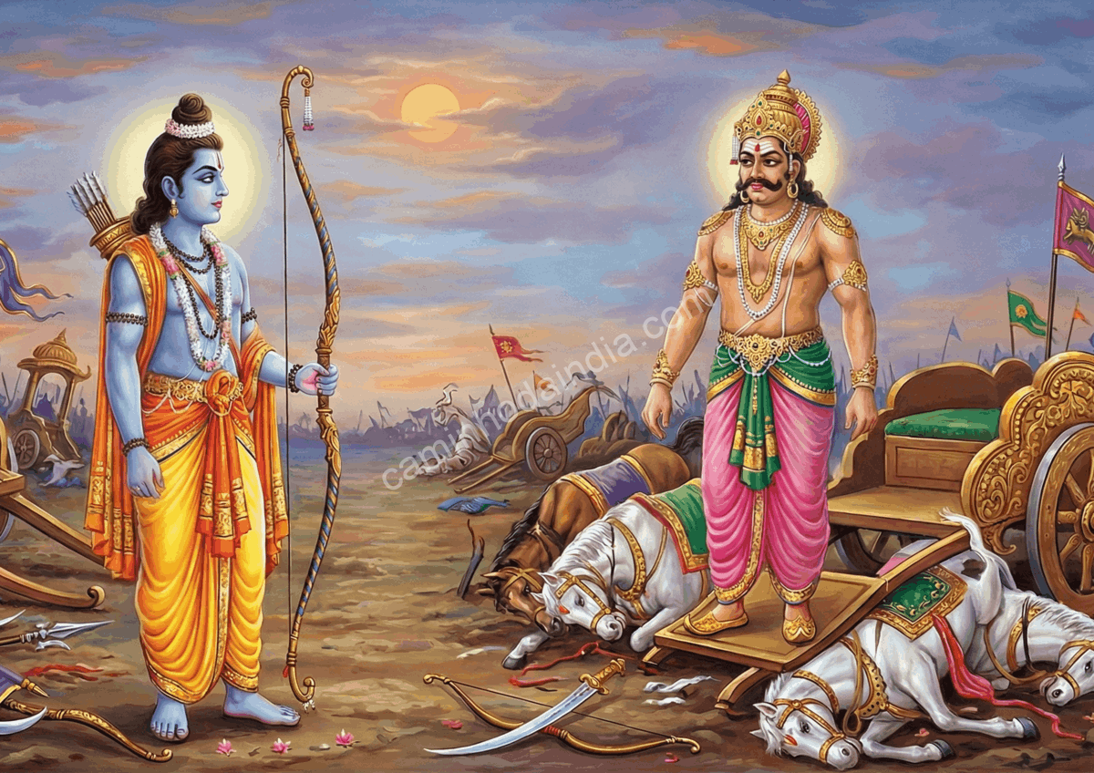 Rama permite que Ravana, ferido e desarmado, retorne para continuar a batalha no dia seguinte