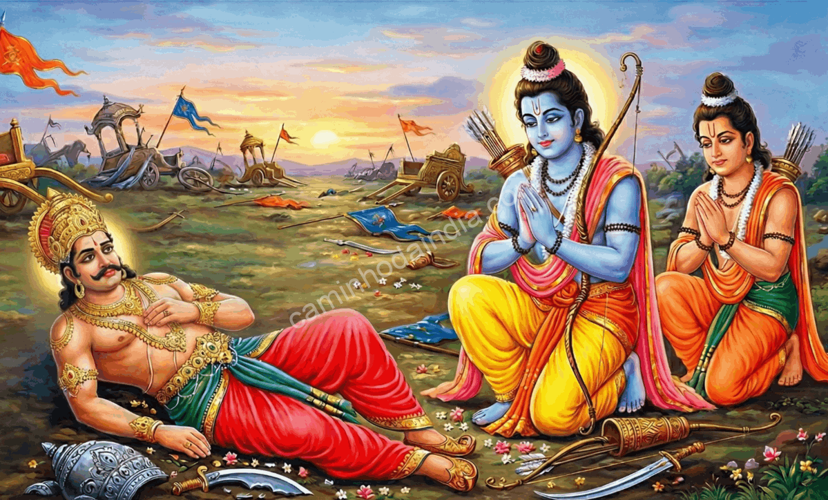 Rama presta respeito a Ravana em seus últimos momentos e orienta Lakshmana a aprender sobre Rajdharma