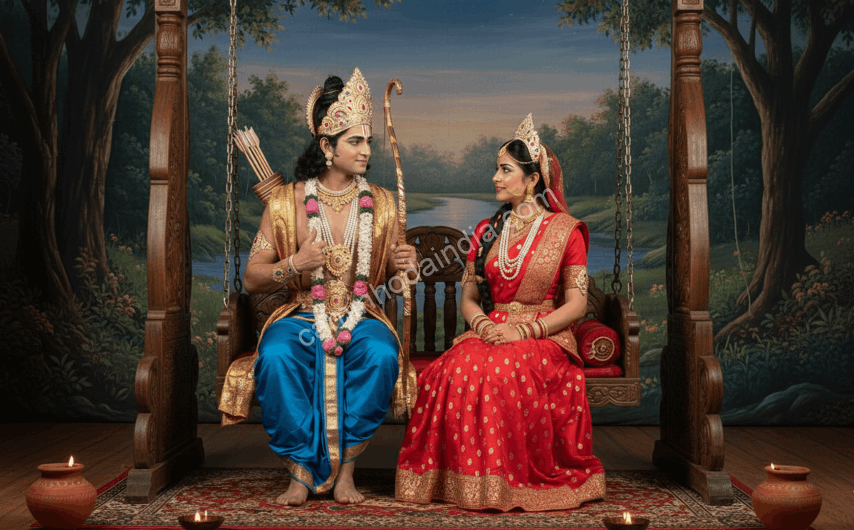 ramlila-rama-sita-ayodhya-ram-navami Cena com Rama e Sita durante apresentação de Ramlila em Ayodhya no festival de Ram Navami