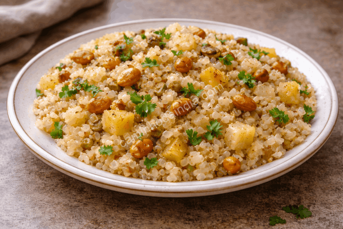 sabudana-khichdi-navratri-tapioca-amendoim-batata Sabudana khichdi preparado com pérolas de tapioca, amendoim e batata durante o Navratri