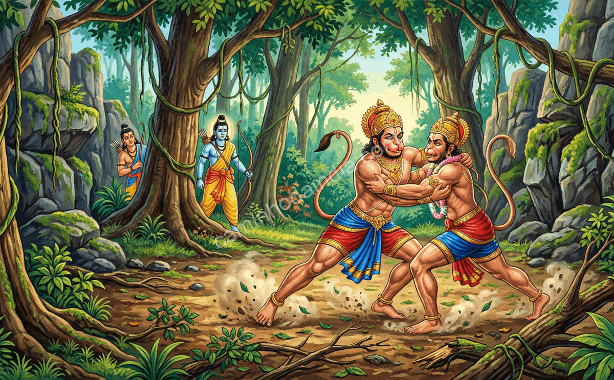 sugriva-lutando-com-vali-enquanto-rama-e-lakshmana-observam Sugriva luta contra Vali enquanto Rama e Lakshmana observam à distância na floresta de Kishkindha