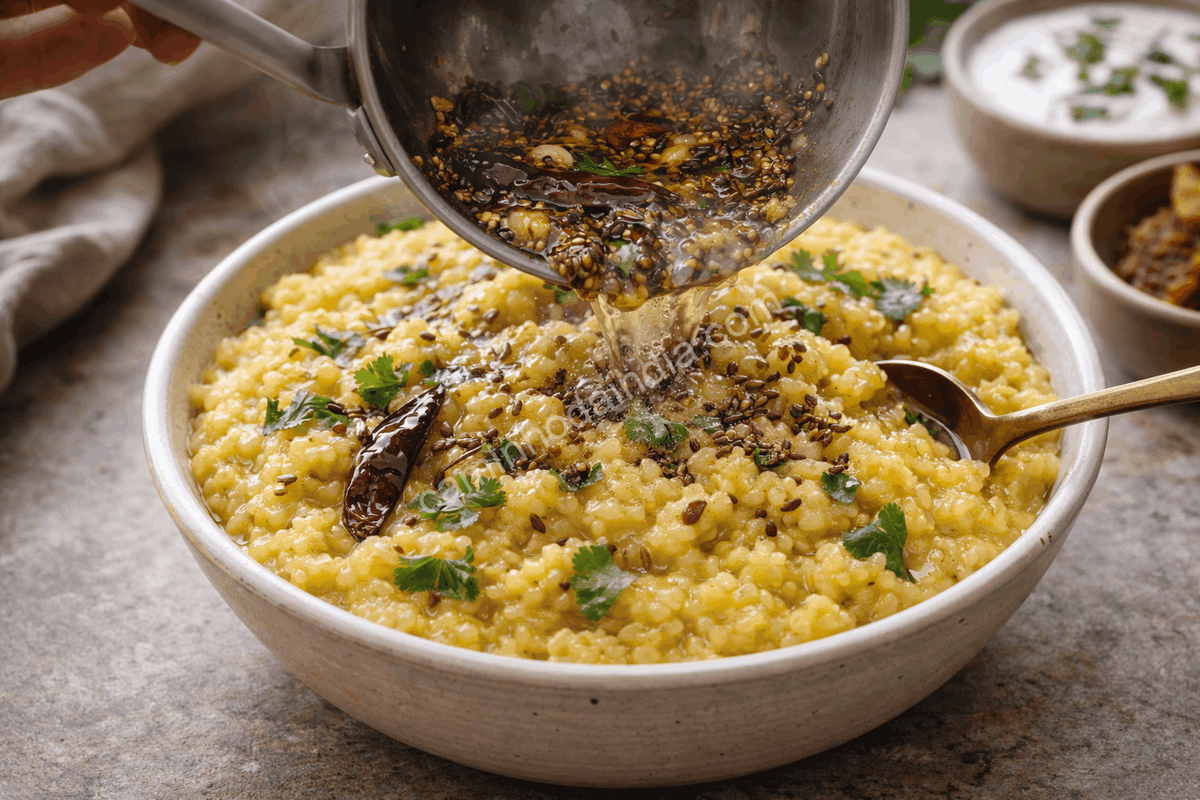 Tempero quente sendo despejado sobre khichdi recém-preparado em uma tigela
