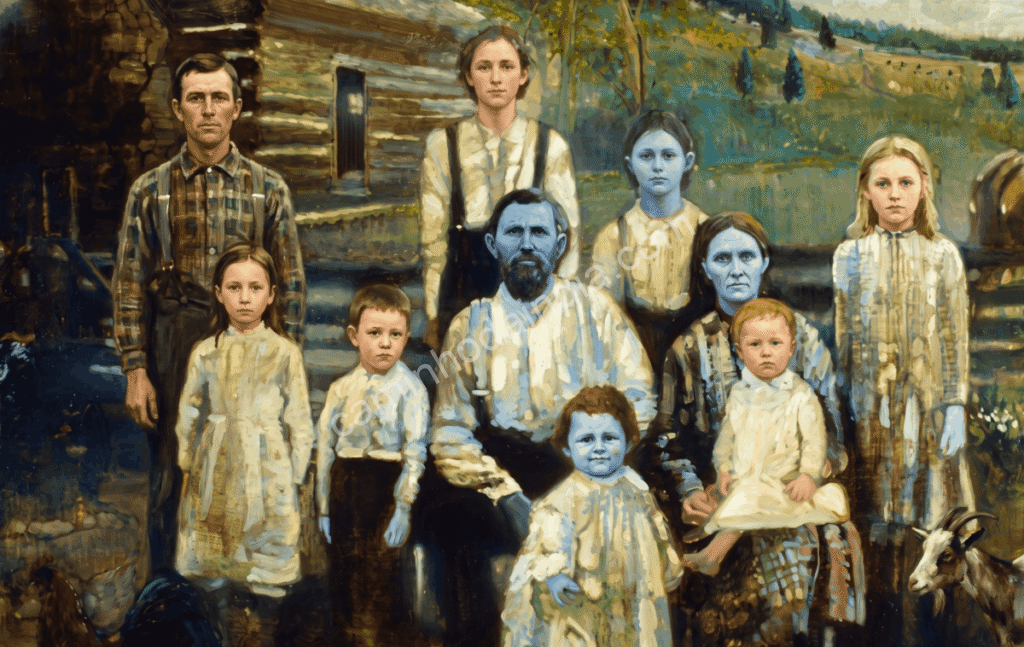 Uma pintura da família Fugate, com alguns membros apresentando pele de coloração azul devido a um raro distúrbio sanguíneo recessivo chamado meta-hemoglobinemia hereditária