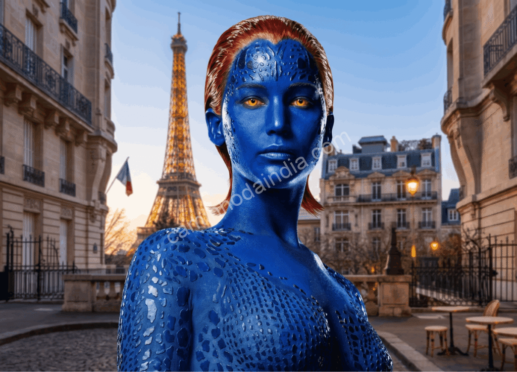 mystique-x-men Mística, a personagem mais famosa dos X-Men, tem sua cor azul brilhante.