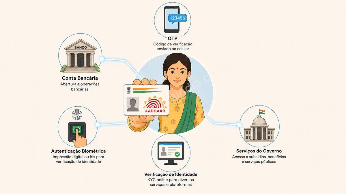 aadhaar-vinculado-a-banco-e-servicos-governamentais O Aadhaar pode ser vinculado à conta bancária e ao número de celular, facilitando a autenticação de identidade e o recebimento de benefícios de programas governamentais por meio do sistema de Transferência Direta de Benefícios (DBT)