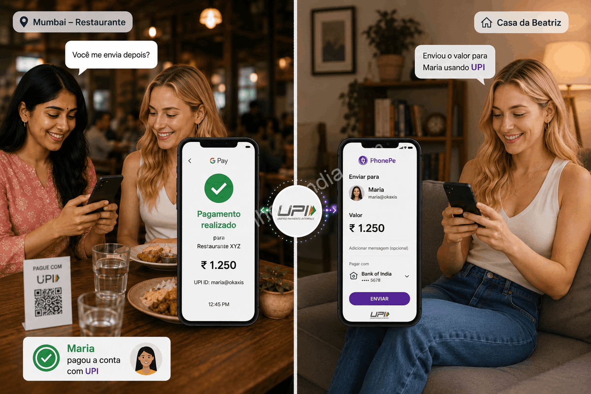 Grupo de amigos dividindo a conta de um restaurante na Índia por meio de transferências instantâneas utilizando o UPI em aplicativos de pagamento no celular