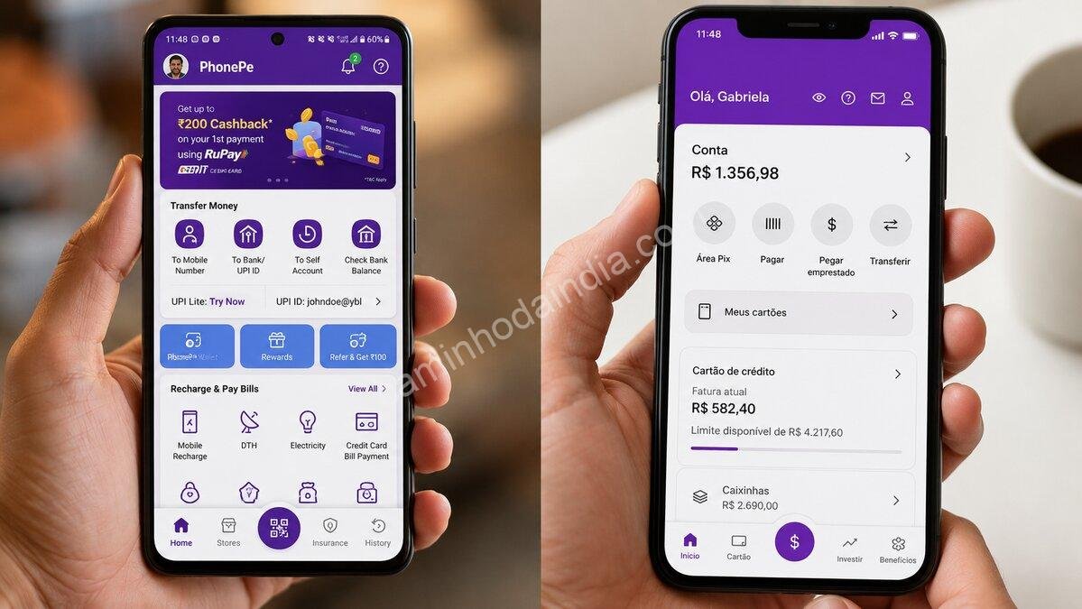 Dois smartphones exibem os aplicativos PhonePe e Nubank lado a lado, ilustrando como diferentes aplicativos utilizam as tecnologias UPI, na Índia, e Pix, no Brasil, para realizar pagamentos e transferências instantâneas