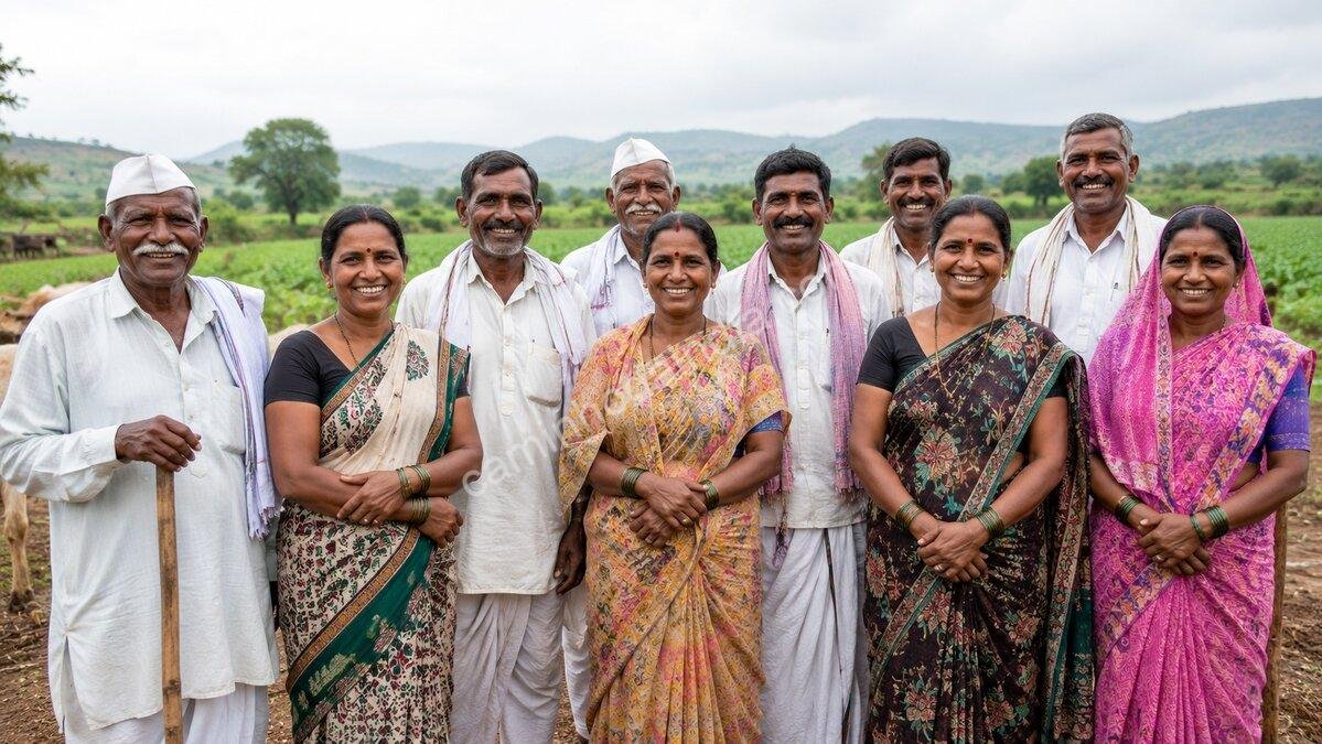 comunidade-de-agricultores-em-vila-rural-de-maharashtra Grupo de agricultores e agricultoras em uma vila rural de Maharashtra