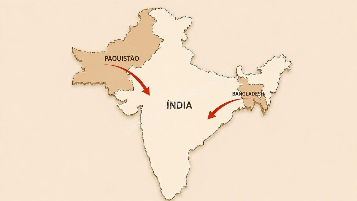 Mapa ilustrando fluxos de imigração ilegal do Paquistão e de Bangladesh em direção à Índia, representando o debate sobre impactos na infraestrutura, nos serviços públicos e na segurança das fronteiras
