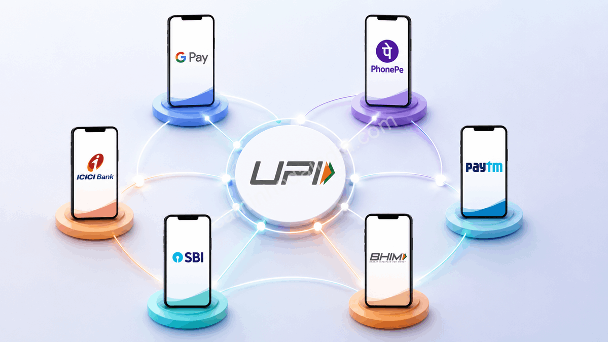 infraestrutura-upi-aplicativos-pagamento-india Ilustração mostrando como diferentes aplicativos de pagamento, como Google Pay, PhonePe e BHIM, utilizam a infraestrutura do UPI para processar pagamentos instantâneos entre bancos na Índia